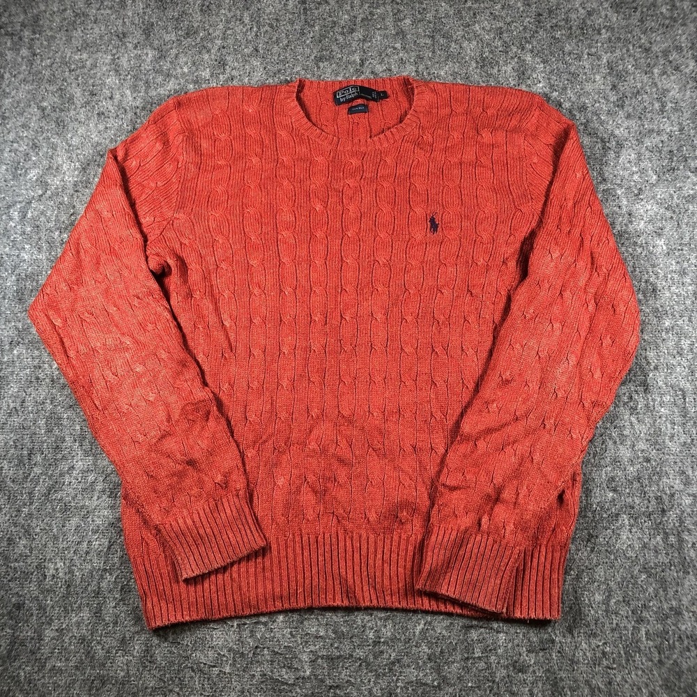 Polo Ralph Lauren Sweater Mens L Red Silk Cable Knit Crewneck